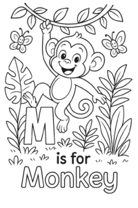 A happy monkey swinging from a leafy jungle vine, with big friendly eyes and a curly tail, surrounded by tropical plants and smiling butterflies.