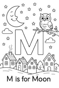 A peaceful crescent moon smiling down over a cozy village at night, with twinkling stars and a gentle owl perched on a branch.