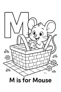 A cute mouse peeking out of a picnic basket, holding a piece of cheese, with tiny flowers and a picnic blanket in the background.