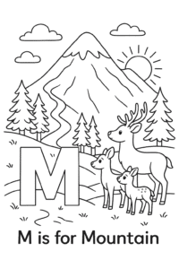 A majestic mountain with snowy peaks, a little hiking trail, pine trees, and a family of deer admiring the view at sunrise.