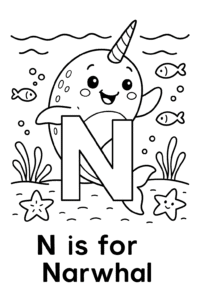 A happy narwhal swimming under the sea, its spiral tusk pointing up, surrounded by gentle waves, starfish, and little fish friends.