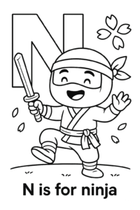 A cheerful, friendly ninja in a playful pose, wearing a mask and holding a wooden practice sword, with cherry blossom petals floating nearby.