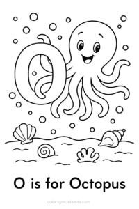 A happy octopus with eight wiggly arms swims playfully among seashells and bubbles in a gentle underwater scene, inviting little artists to color the ocean.