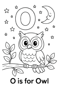 A wise owl sits on a leafy branch under a sparkling moon, its big round eyes wide open, surrounded by twinkling stars in the night sky.