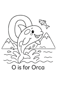 A friendly orca leaps out of the ocean waves, splashing joyfully with a little fish jumping nearby, set against a backdrop of icy mountains.