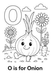 A smiling onion with green sprouty hair sits in a vegetable garden, with sunflowers and carrots growing nearby, all ready to be colored.
