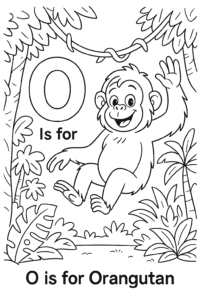 A playful orangutan swings from a jungle vine, surrounded by leafy trees and tropical plants, waving hello to young artists.
