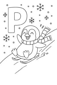 A happy penguin sliding down a snowy hill, wearing a cozy scarf, with snowflakes falling around.