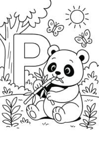 A gentle panda munching on bamboo in a sunny forest, surrounded by leafy plants and butterflies.