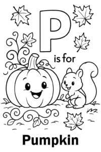 A cheerful pumpkin sitting in a patch, with swirling vines, autumn leaves, and a friendly squirrel nearby.