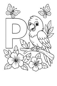 A bright, rainbow-colored parrot perched on a tree branch, surrounded by tropical flowers and fluttering butterflies.