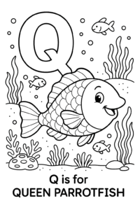 A colorful queen parrotfish swimming happily in a bright coral reef, with playful seaweed and little fish friends around.