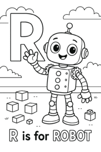 A friendly robot waving hello, with shiny buttons, big eyes, and gears, standing on a playroom floor with building blocks.