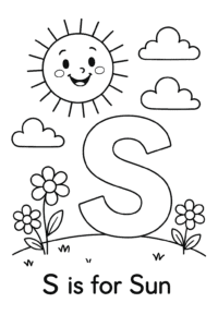 A happy, smiling sun shines brightly in the sky, with fluffy clouds and flowers below.