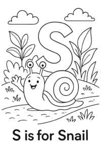 A cute, friendly snail with a swirly shell crawls along a leafy garden path, waving hello.