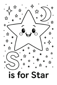 A big, twinkling star sparkles in the night sky, surrounded by smaller stars and a crescent moon.