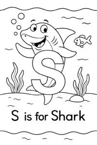 A playful shark swims in the ocean, blowing bubbles and waving a fin to little fish nearby.