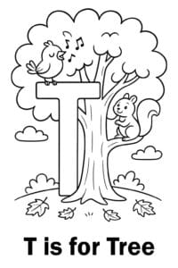 A tall, leafy tree with a sturdy trunk, home to a singing bird, a squirrel, and some fallen autumn leaves on the ground.