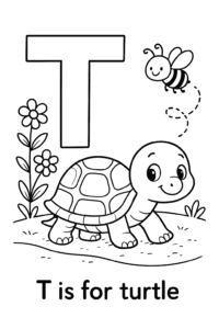A cute turtle with a patterned shell, slowly making its way across a sandy path, with flowers and a buzzing bee nearby.