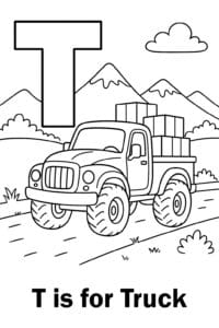 A big, sturdy truck with large wheels, carrying colorful boxes in its bed, driving along a country road with mountains in the distance.
