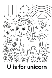 A friendly unicorn with a flowing mane stands in a magical meadow with flowers, butterflies, and a rainbow sparkling in the sky.