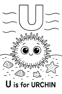 A cute sea urchin with big eyes sits on the ocean floor surrounded by shells, starfish, and gentle waves above.