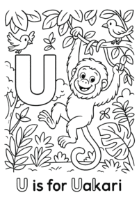 A playful uakari monkey with a bright red face swings from tree branches in a leafy rainforest, surrounded by tropical plants and birds.