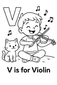 A cheerful child sits cross-legged, playing a violin with a big smile, surrounded by floating musical notes and a friendly cat listening nearby.