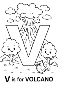 A dramatic volcano with puffy clouds of smoke and gentle lava flows, with smiling trees and a curious bird watching from a safe distance.