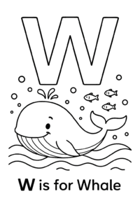 A happy, big blue whale swimming through gentle ocean waves. Bubbles float around, and tiny fish swim nearby. The letter W is large and playful above the scene.