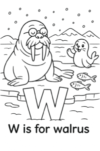 A wise walrus with big tusks relaxing on an icy shore. A snowy background with fish and a playful seal friend add to the scene. The letter W is drawn in the snow.