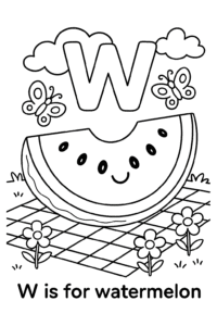 A juicy slice of watermelon with smiling seeds, set on a picnic blanket with flowers and butterflies. The letter W is written in the clouds above.
