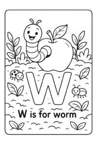 A cheerful, wiggly worm popping out of an apple in a garden patch, surrounded by dirt, leaves, and smiling bugs. The letter W is shaped in the garden soil.