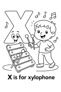 A cheerful xylophone with colorful bars, a pair of mallets, and musical notes dancing in the air. A smiling child is ready to play a tune.
