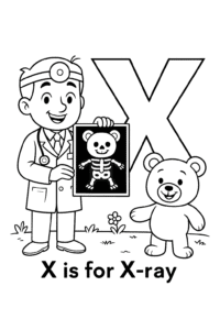 A friendly doctor holding up a simple X-ray of a teddy bear, showing the bear’s bones. The doctor and bear both have big, welcoming smiles.