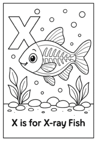 A cute X-ray fish swimming in a bubbly aquarium with clear see-through fins and a visible skeleton, surrounded by pebbles and leafy plants.