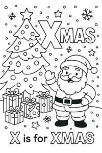 A festive Xmas scene with a decorated Christmas tree, presents, twinkling stars, and a jolly Santa waving. Snowflakes gently fall to create a magical atmosphere.