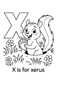 A playful xerus (a type of African ground squirrel) popping out of its burrow, holding an acorn, with tufts of grass and flowers all around.