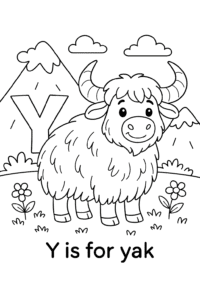 A friendly, fluffy yak with big horns stands in a grassy field with mountains in the background and flowers at its feet.