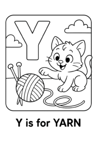 A ball of soft yarn with a strand looping around, next to knitting needles and a playful kitten pawing at the yarn.