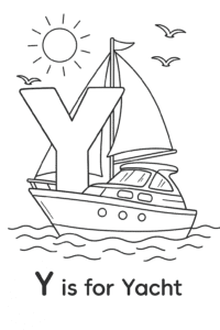 A shiny yacht with sails unfurled, cruising on gentle blue waves under a sunny sky with a few seagulls flying overhead.