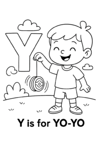 A smiling child holding a colorful yo-yo, with the yo-yo spinning at the end of its string and swirls to show its motion.