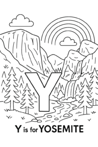 A breathtaking view of Yosemite National Park with tall granite cliffs, pine trees, a flowing waterfall, and a rainbow arching above.