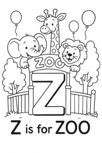 A friendly zoo entrance sign with happy animals—elephant, giraffe, and lion—peeking out from behind a gate, with trees and balloons.