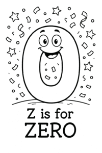 A large, bubbly number zero with a happy face, surrounded by confetti and stars.