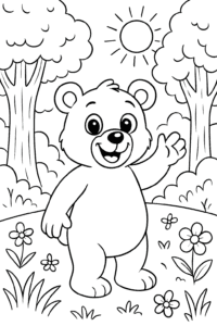 A smiling bear waving hello in a sunny forest, surrounded by trees and wildflowers.