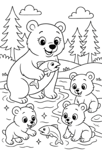 A mama bear and her cubs fishing for salmon by a sparkling river.