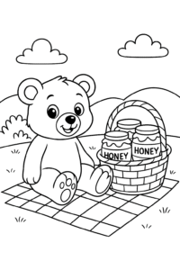 A cuddly teddy bear sitting on a picnic blanket with a basket of honey jars.