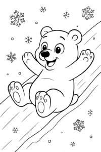 A polar bear sliding down an icy hill with snowflakes all around.