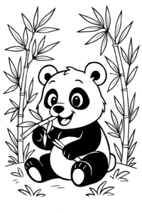 A playful panda bear munching on bamboo in a leafy bamboo grove.